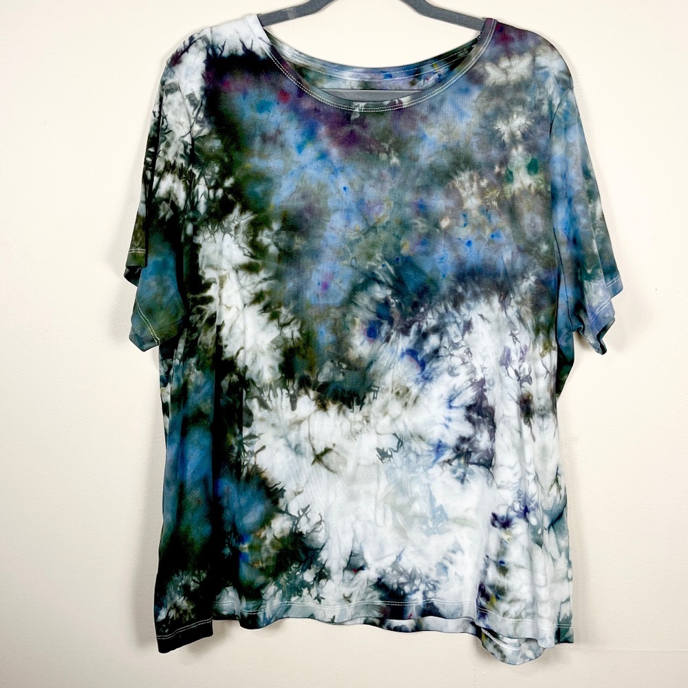 Ice dyed tie dyed upcycled green gray multicolor cotton knit top